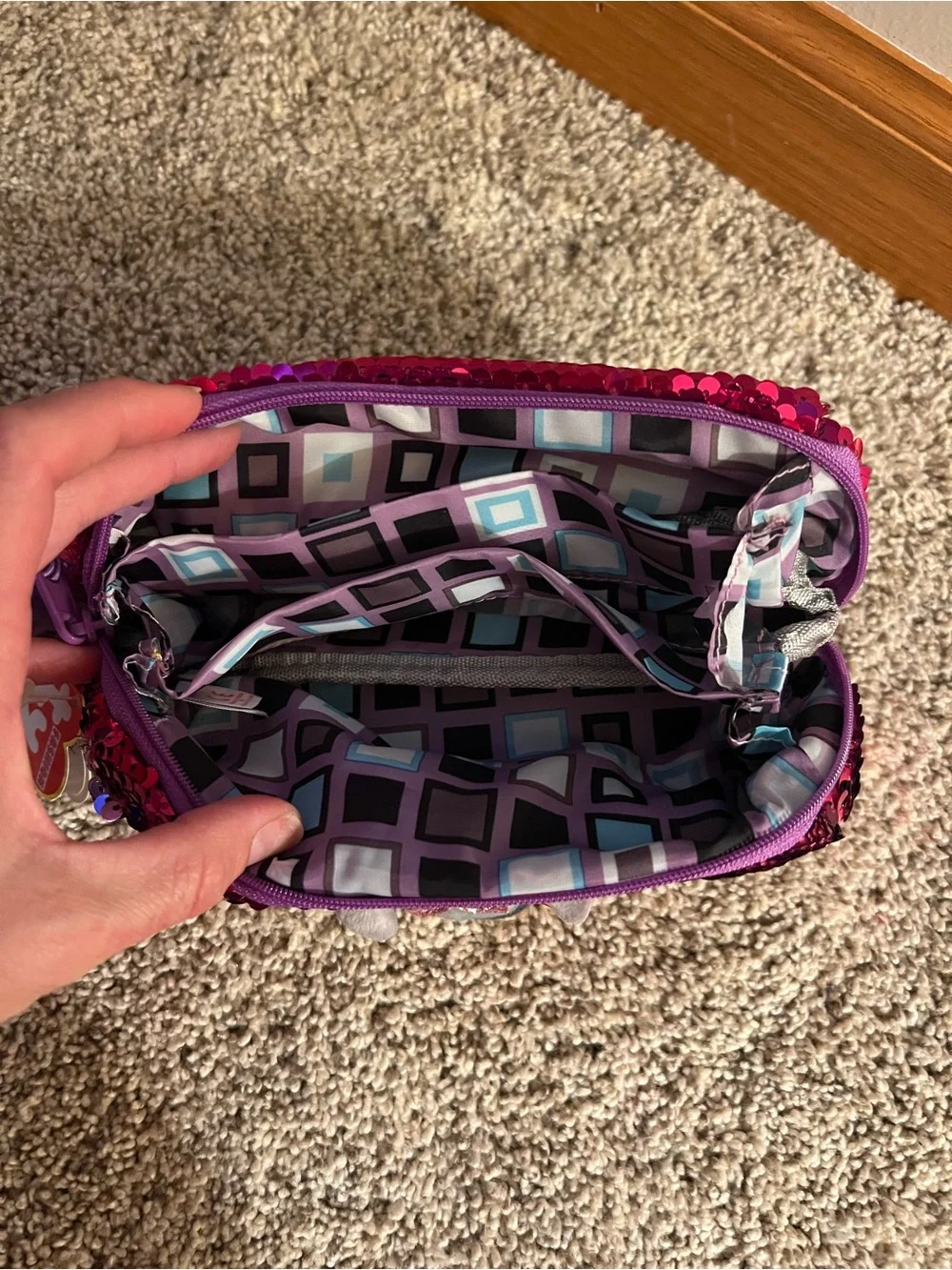 Ty Pink Sequin Small Pets Plush Pencil Case with Purple Pom